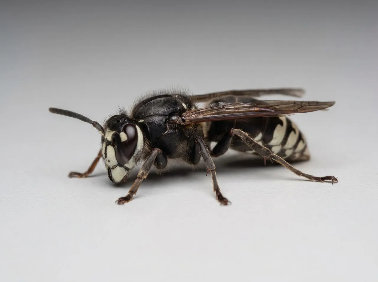 Macro photo of a bald-faced hornet, black with a distinctive ivory-white face and white abdomen markings