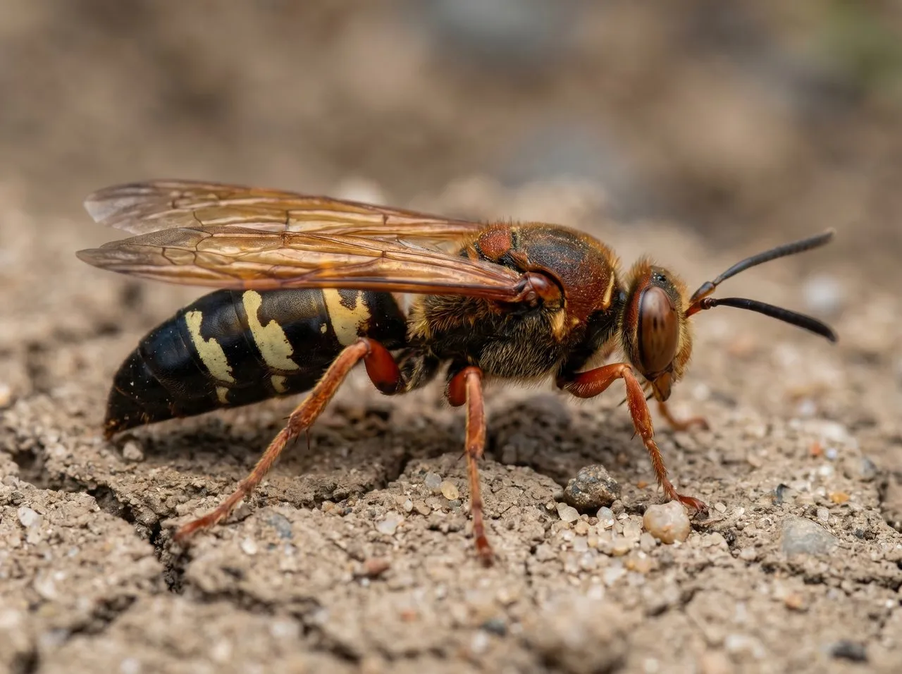 Macro photo of a large cicada killer wasp on bare soil with a rusty thorax and yellow-banded black abdomen