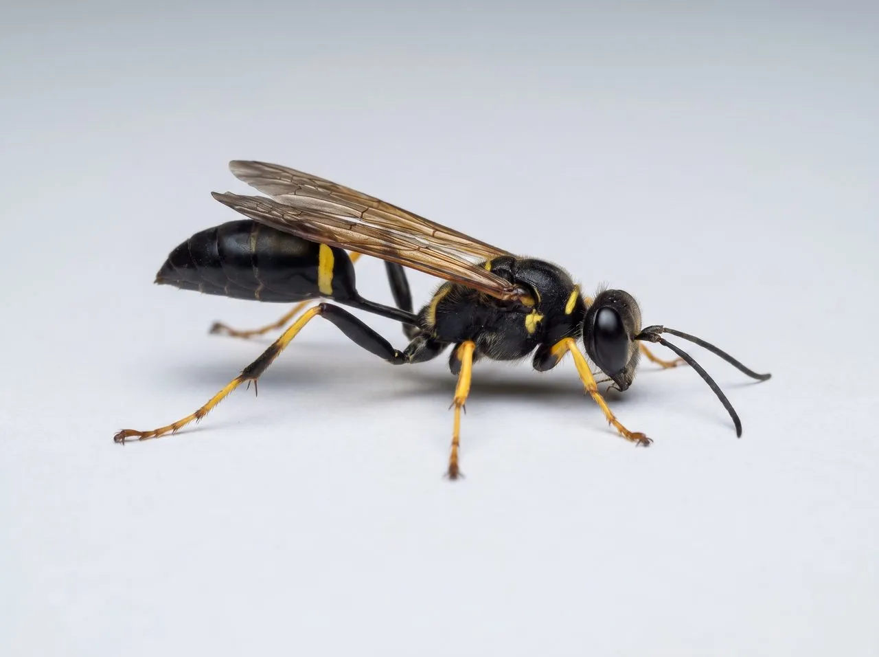 Macro photo of a black-and-yellow mud dauber wasp with a long thread-thin waist and yellow legs