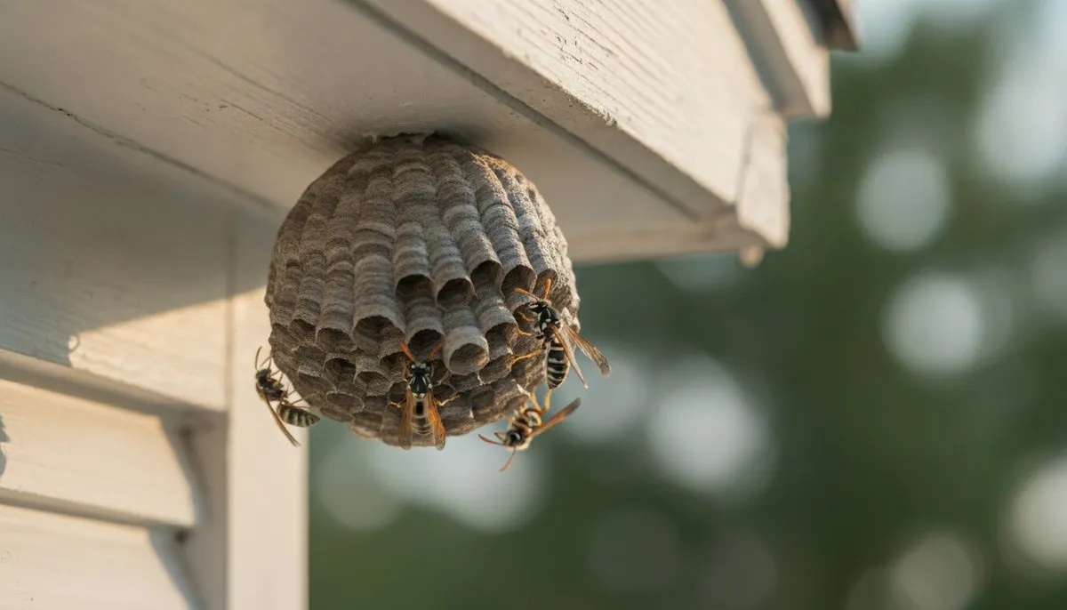 Open, umbrella-shaped grey paper wasp nest tucked under a house eave