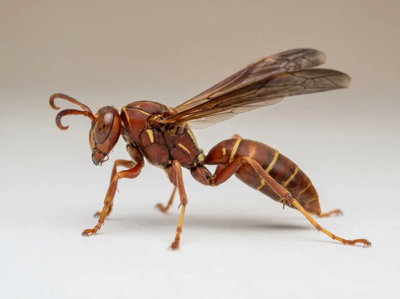 Macro photo of a reddish-brown paper wasp with long dangling legs and thin yellow markings