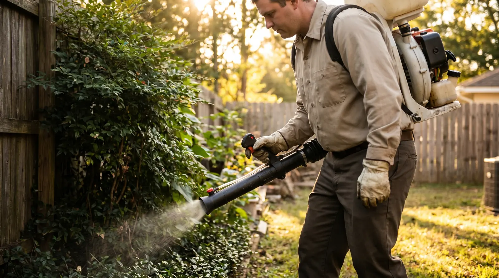 Pest control technician applying a botanical mosquito barrier treatment to a commercial landscape shrub line in Fresno