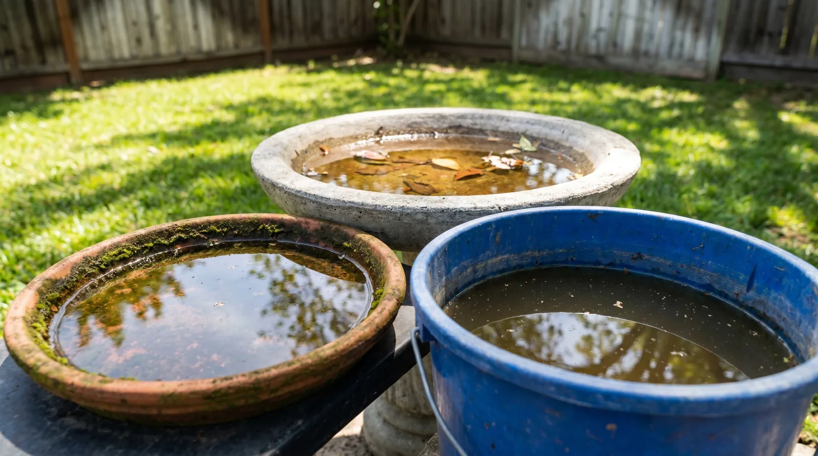 Common backyard mosquito breeding sites holding standing water: a plant pot saucer, birdbath and forgotten bucket