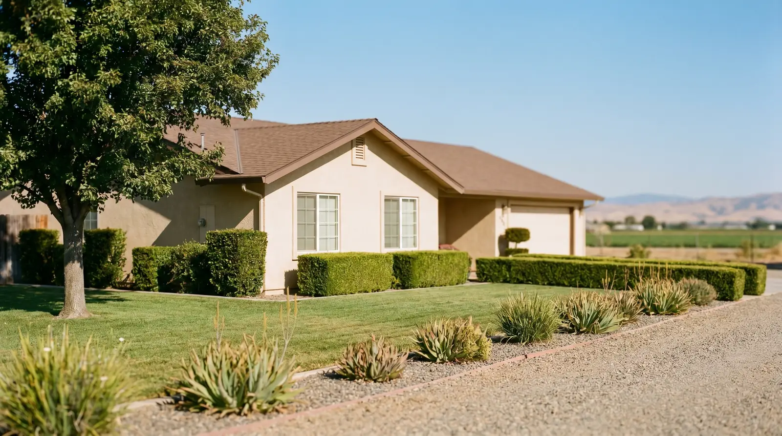 The front exterior of a tidy Central Valley home that receives recurring mosquito control