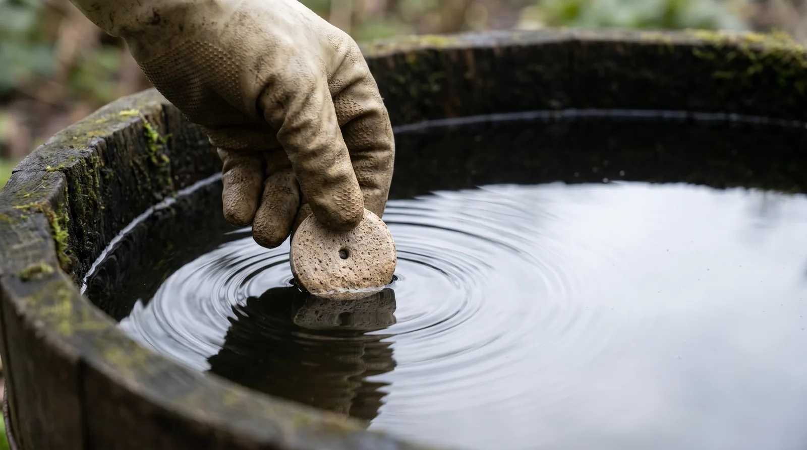 A gloved hand placing a biological larvicide dunk into a backyard rain barrel to kill mosquito larvae