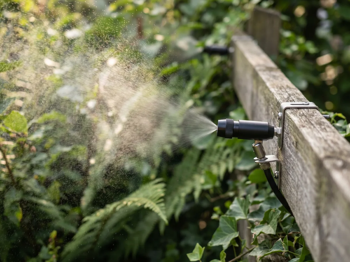 A mosquito-misting system nozzle mounted on a backyard fence releasing a fine mist into foliage
