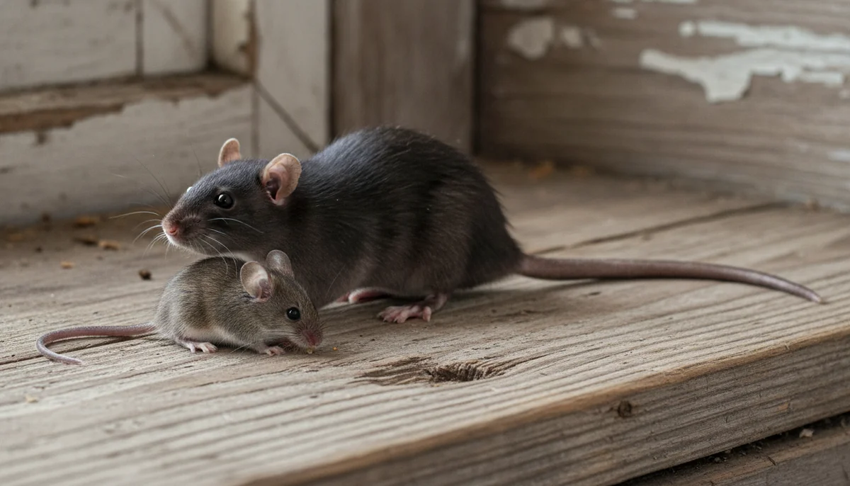 House mouse beside a larger roof rat showing the size difference