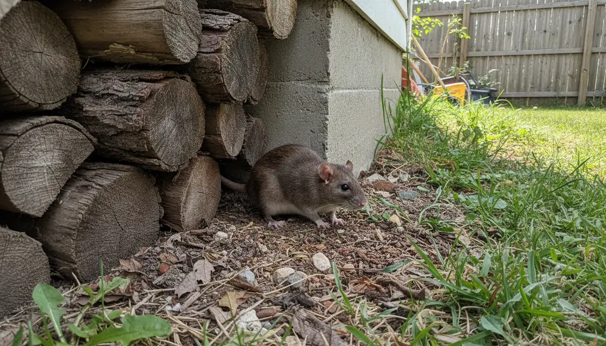 Norway rat at a ground burrow beside a woodpile and home foundation