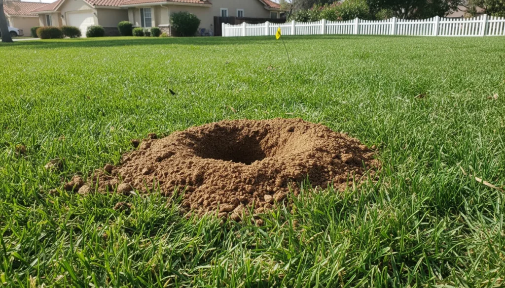 A fresh pocket gopher mound and burrow hole damaging a green Fresno lawn