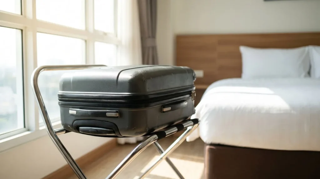Suitcase kept on a luggage rack away from the bed in a hotel room to prevent bed bugs