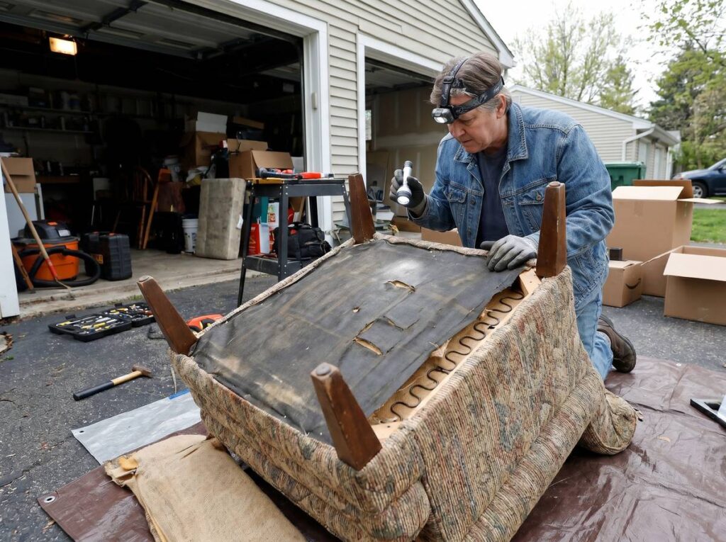 Inspecting the seams of a secondhand upholstered chair for bed bugs before bringing it home