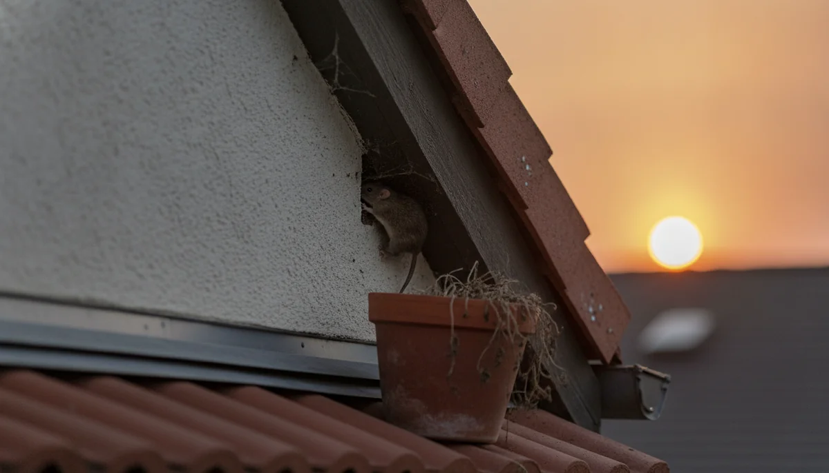 Rat squeezing through a small gap under a home roofline eave