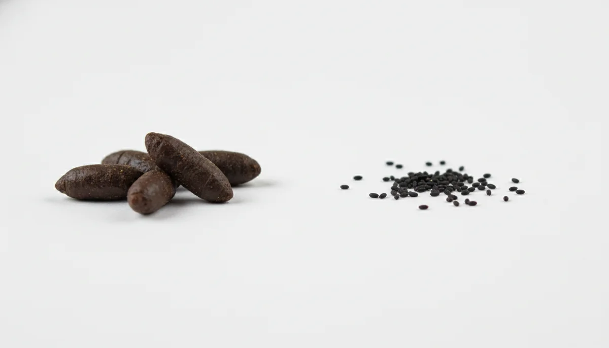 Size comparison of large rat droppings beside small rice-grain mouse droppings