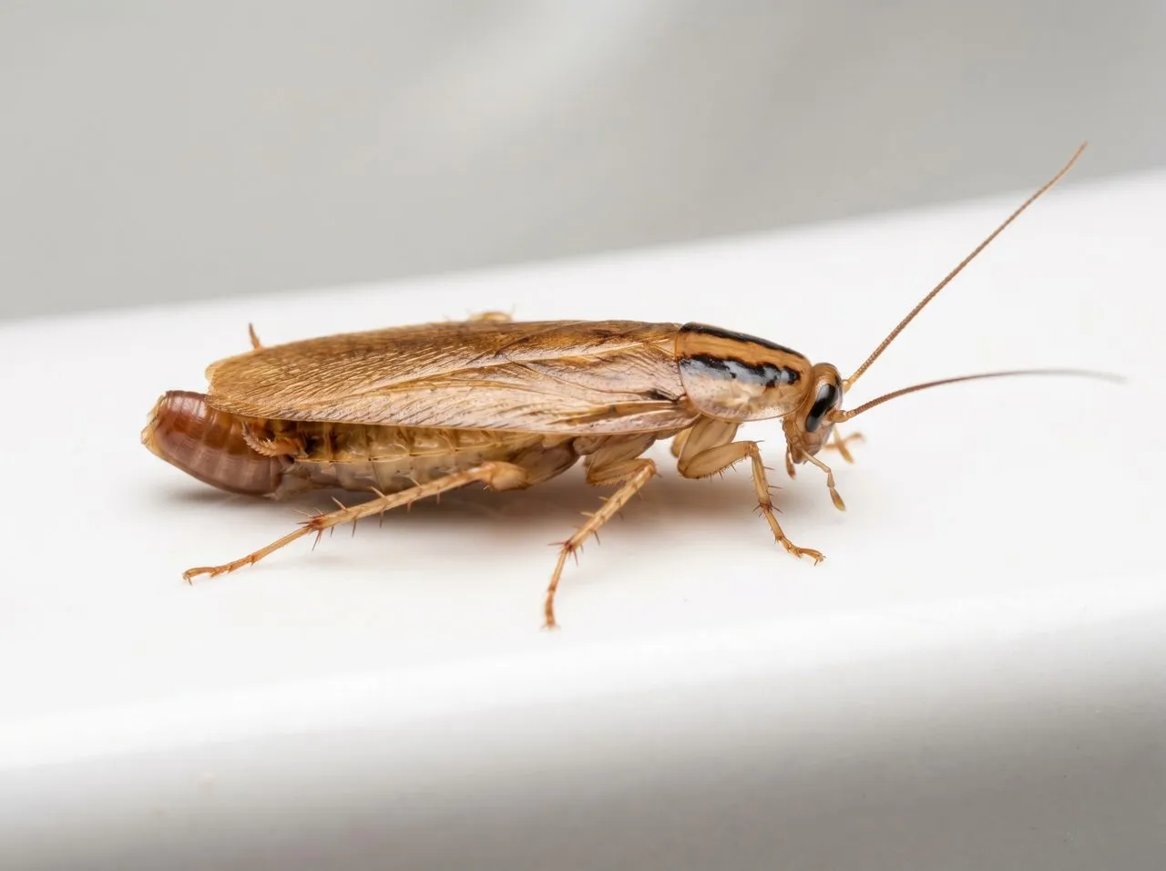 A German cockroach carrying a brown egg case at the tip of its abdomen