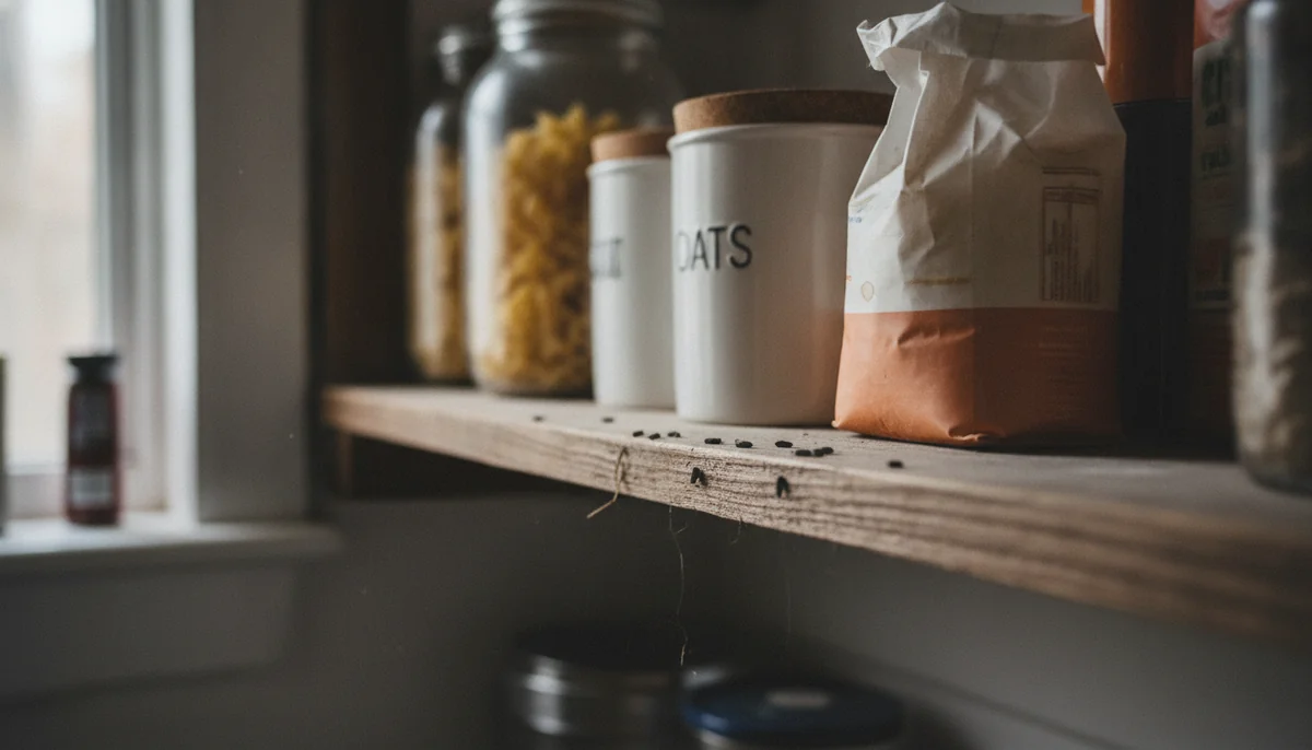 Mouse droppings scattered along a pantry shelf in a Fresno kitchen