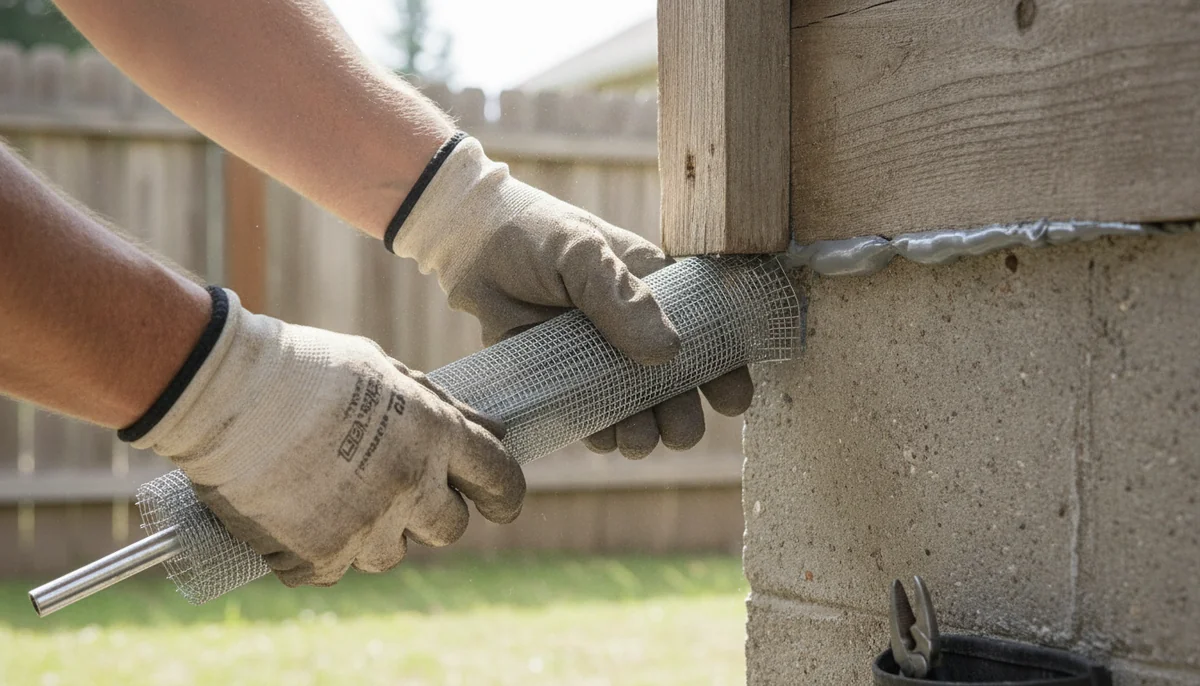 Sealing a rodent entry point with mesh and sealant on a Fresno home