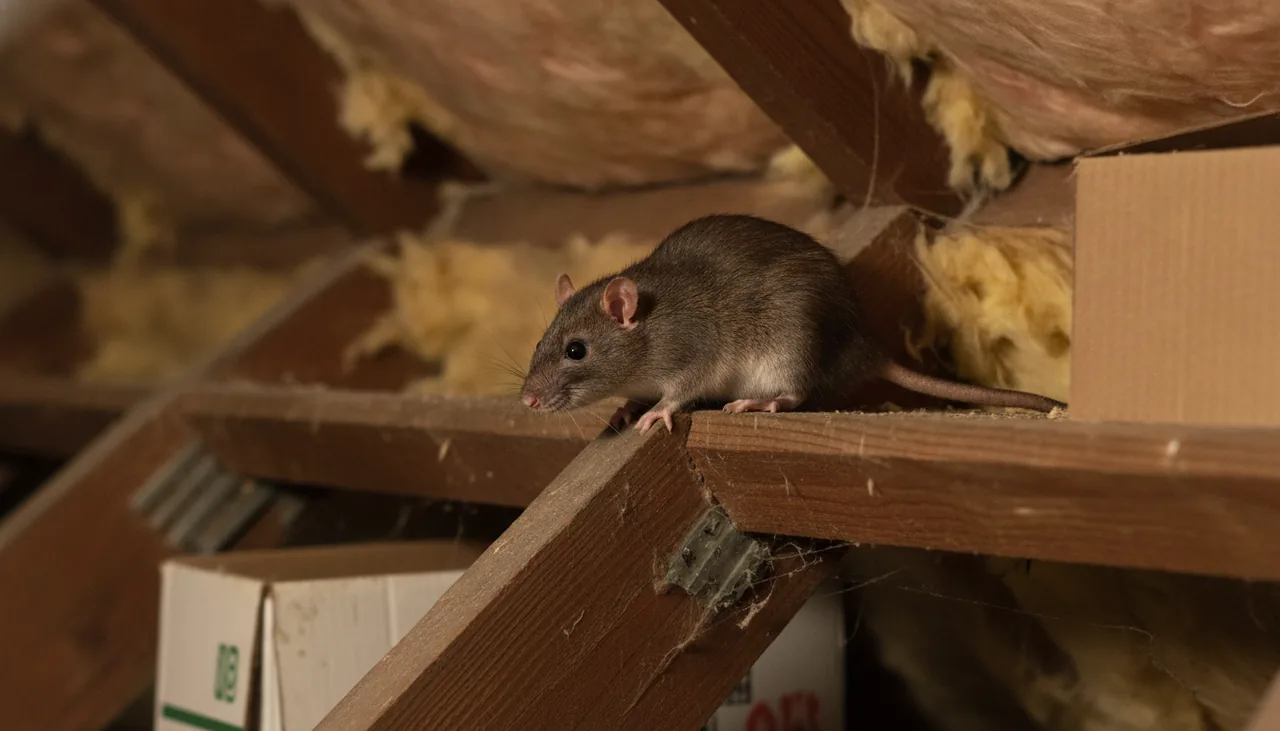 A roof rat on a wooden beam in a Fresno attic, the most common rat in California homes and a disease risk