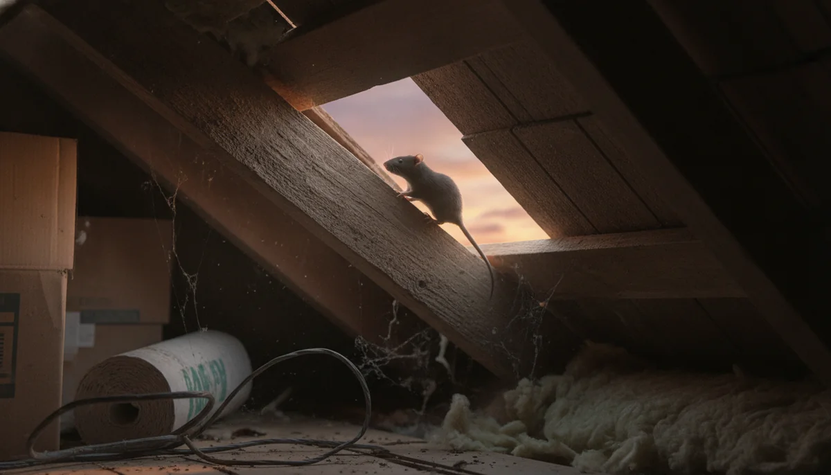 Roof rat on an attic rafter in a Fresno home