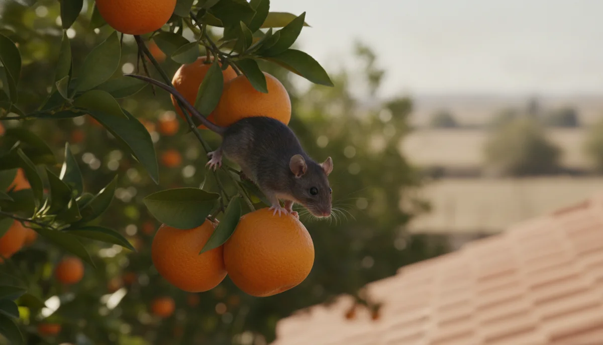 Roof rat climbing among oranges in a backyard citrus tree in California’s Central Valley