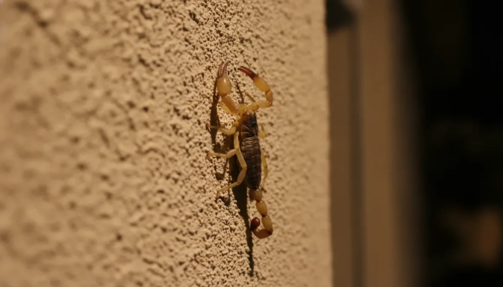 A Central Valley scorpion on the stucco exterior wall of a Fresno home at night