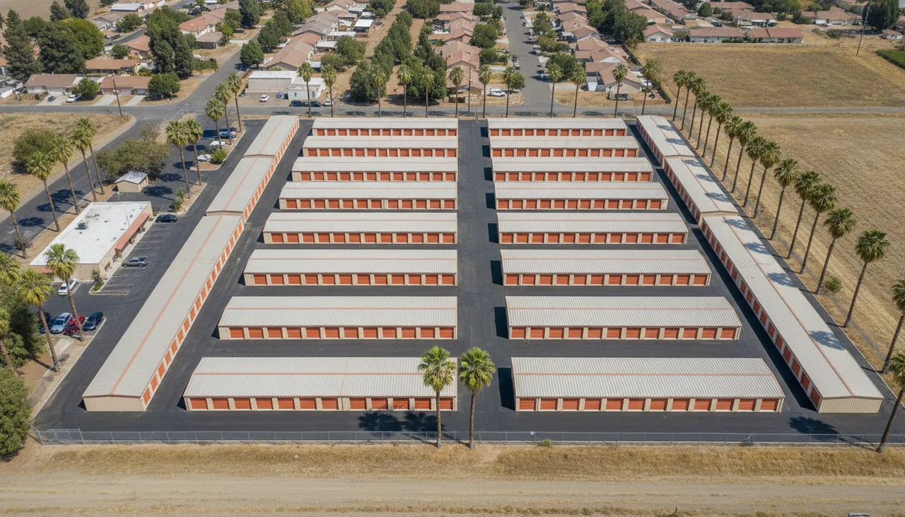 Aerial view of a Fresno self-storage facility with rows of orange roll-up storage unit doors
