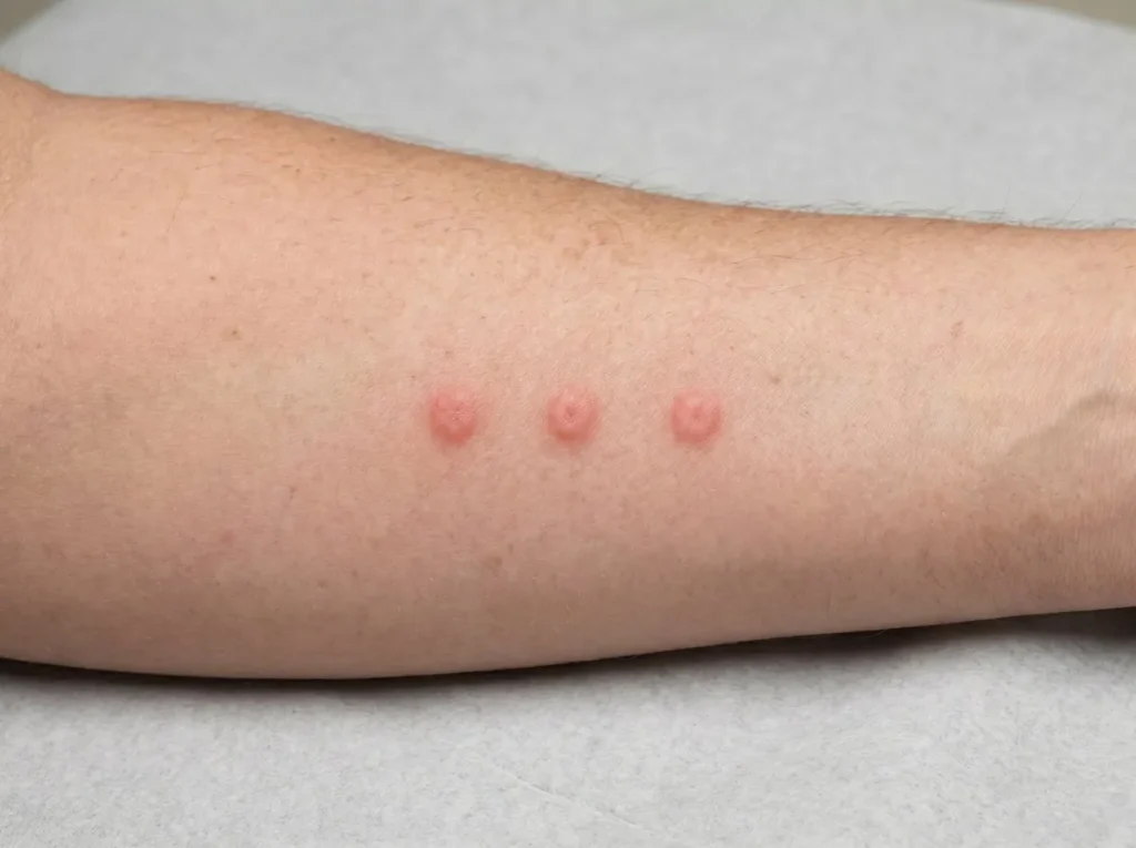 Bed bug bites in a row of three small red welts on a person forearm