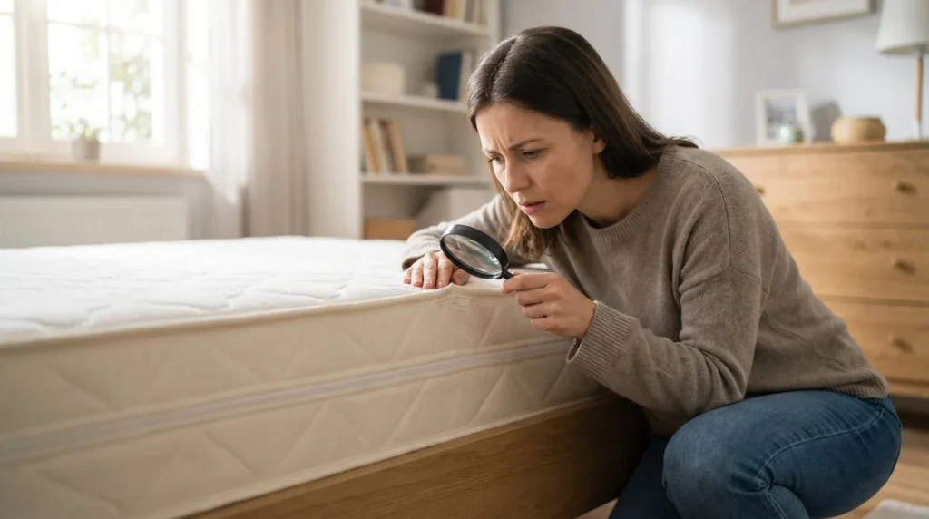 Homeowner inspecting a mattress seam for signs of bed bugs