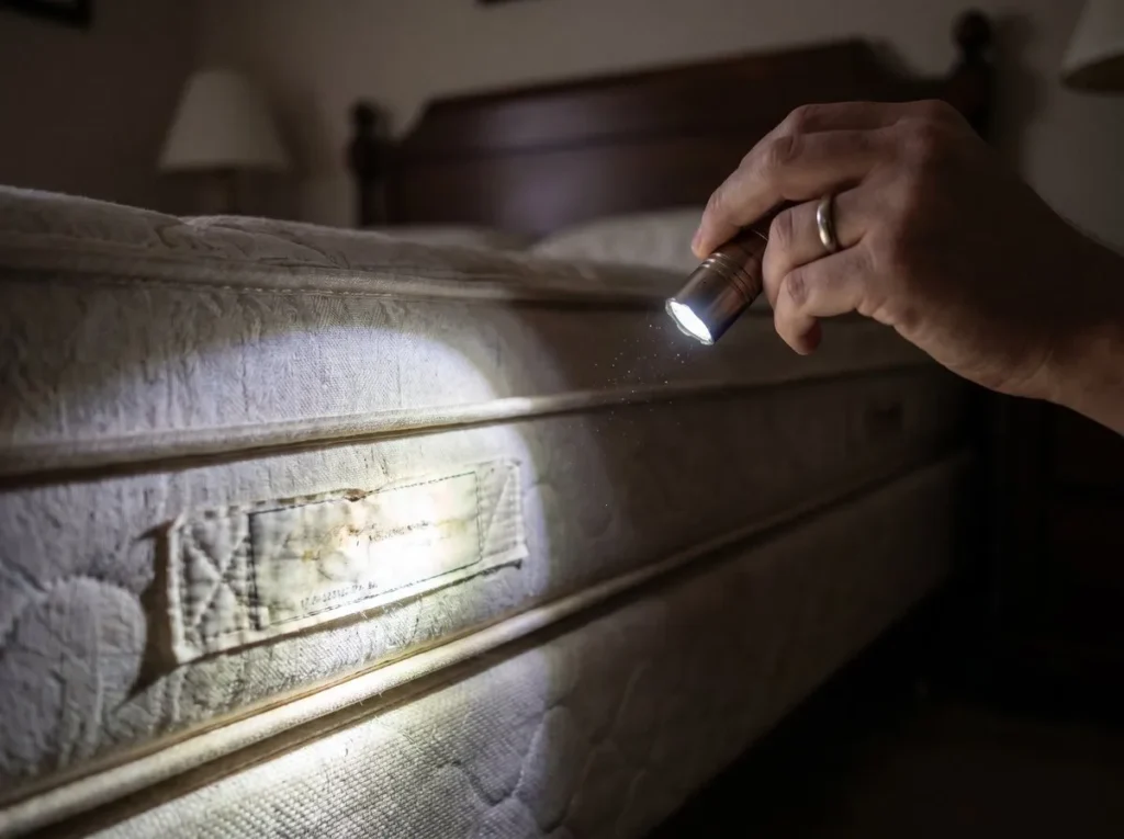 Checking a mattress and box spring seam with a flashlight for bed bugs