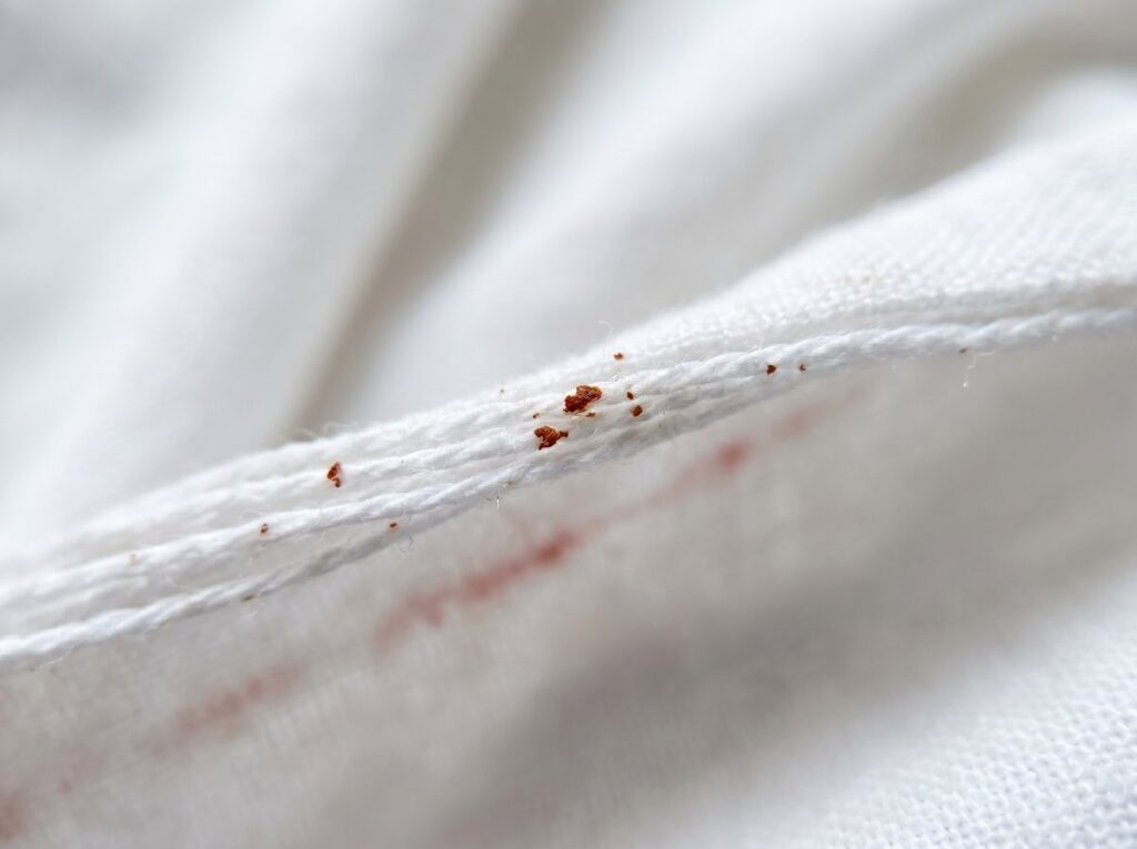 Rusty reddish-brown blood spots on a white bed sheet seam, a sign of bed bugs