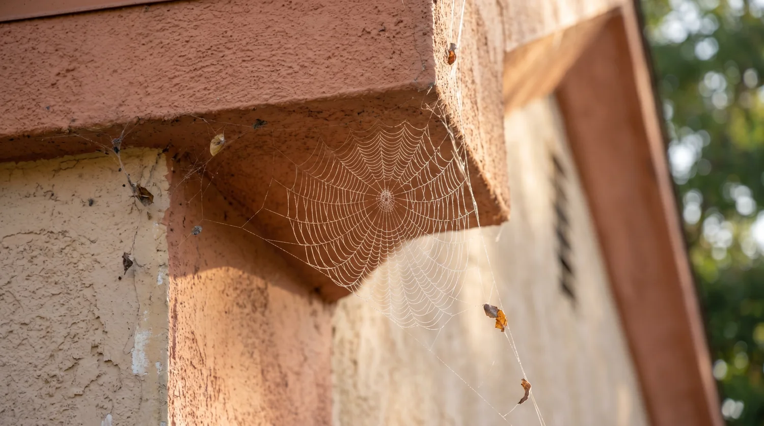 A dewy spider web across the stucco eave of a Fresno home on a sunny morning