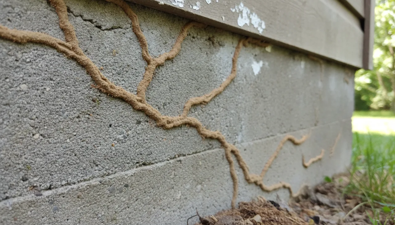 Pencil-width subterranean termite mud tubes running up a concrete home foundation, a sign of an active infestation