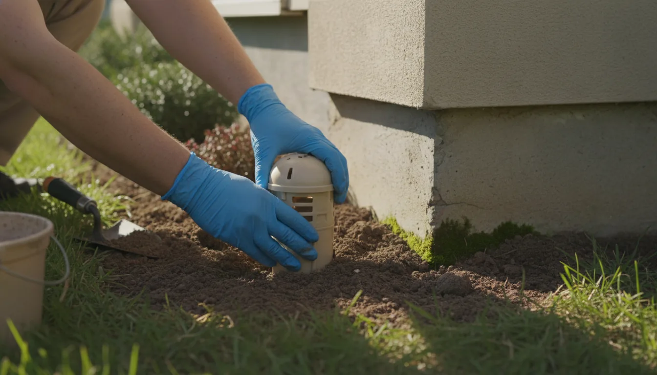 Technician installing an in-ground termite bait station beside a home foundation