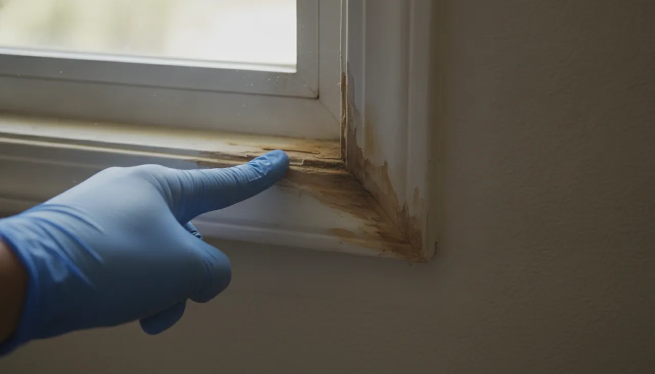 Water-stained, warped wood trim around a window in a Fresno home that can be mistaken for termite damage