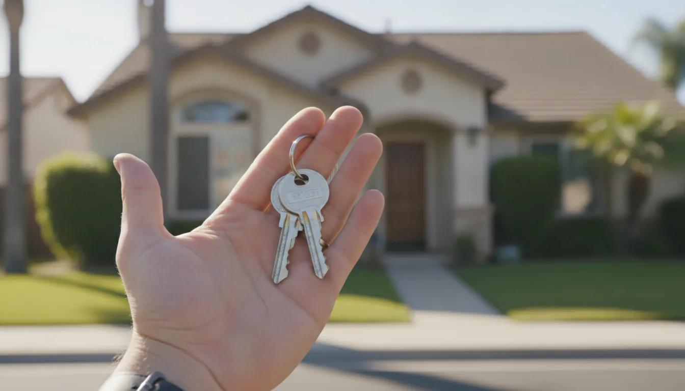 Hand holding house keys in front of a Fresno home after a clear termite WDO inspection