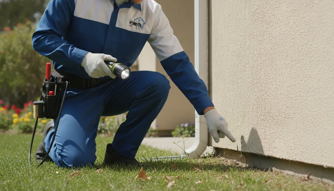 Pest control technician inspecting the foundation of a Fresno home for termites