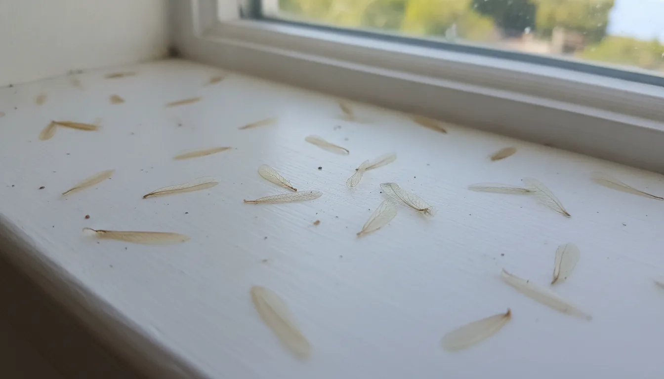 Discarded termite swarmer wings scattered on a white windowsill