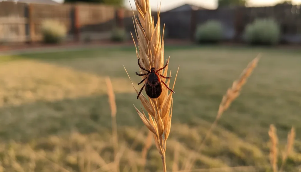 A tick waiting on a blade of tall grass at the edge of a Fresno backyard