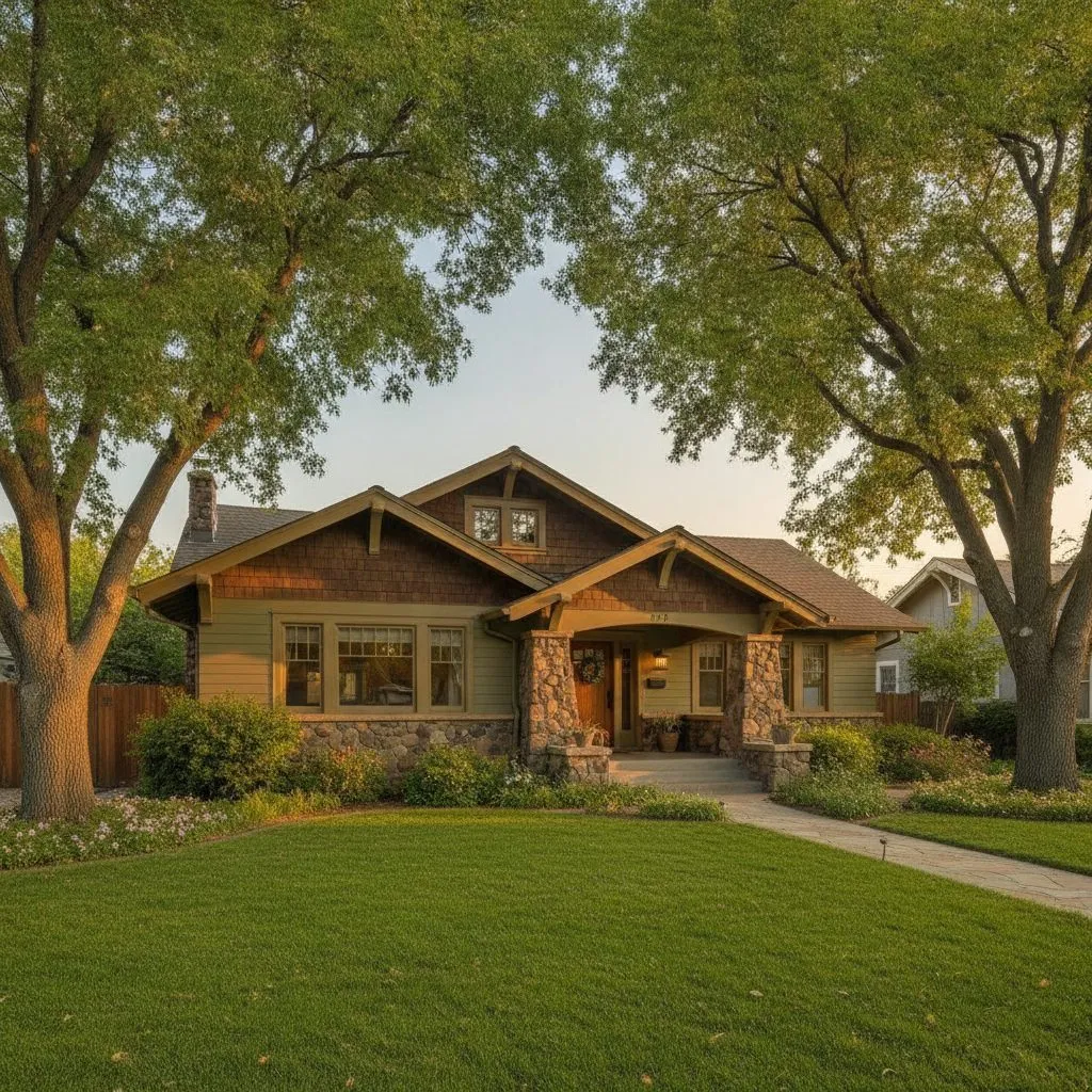 Craftsman family home exterior in a Fresno neighborhood at golden hour