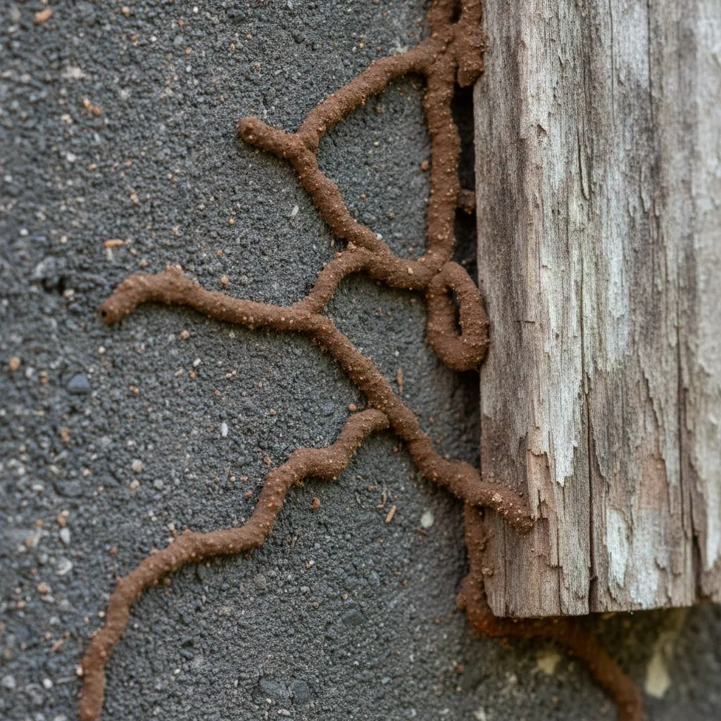 Subterranean termite mud tubes climbing a home foundation