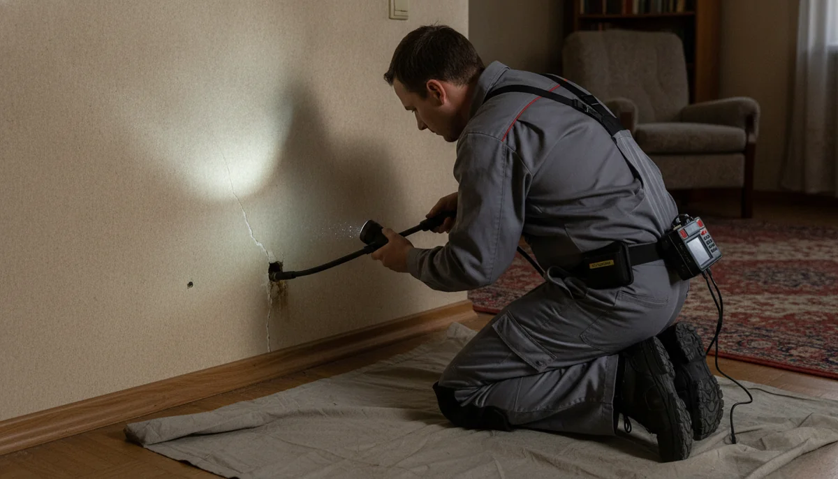 Technician locating the source of a dead-rodent odor in a Fresno home wall
