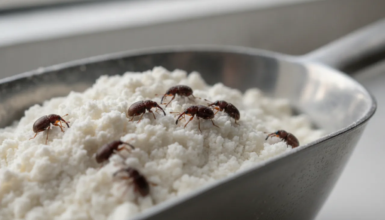 Extreme close-up of tiny weevils scattered through a scoop of white flour
