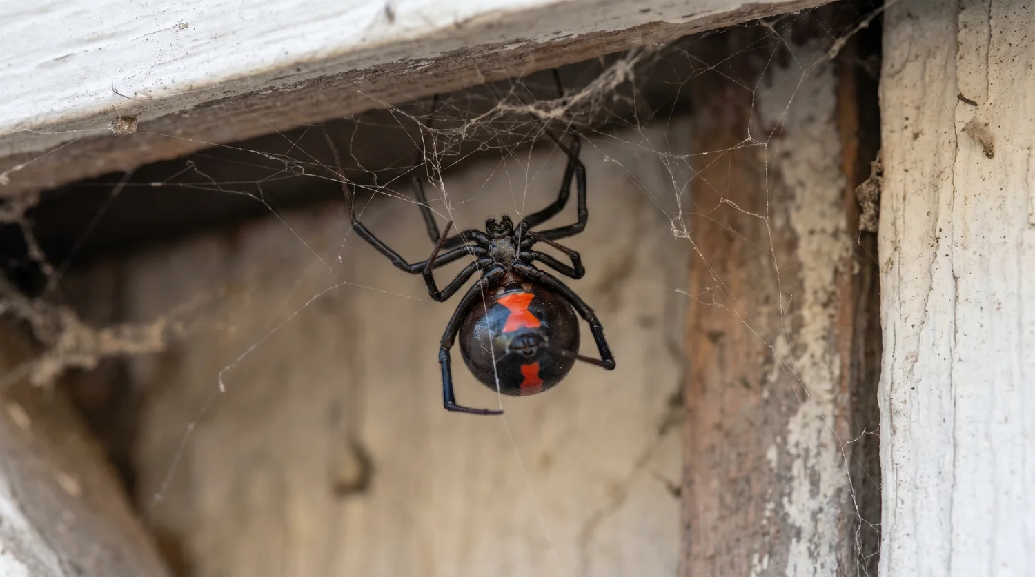 A female western black widow showing the red hourglass marking on the underside of her abdomen in a web on a Fresno home