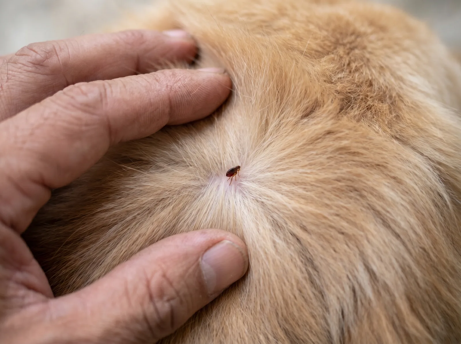 A single small reddish-brown flea visible against pale skin as fingers part a dog’s fur
