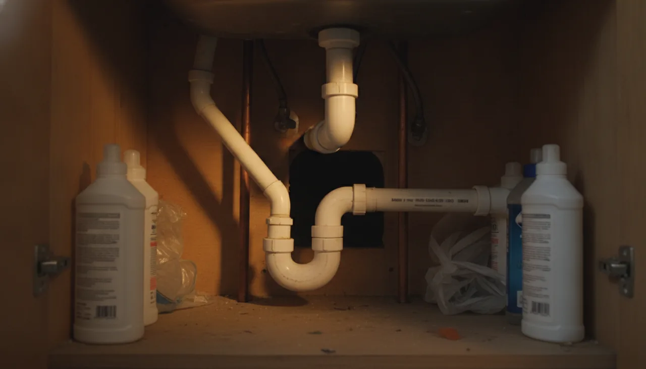 The inside of an under-sink kitchen cabinet with pipes and a dark gap, a common daytime hiding spot for cockroaches in a Fresno home